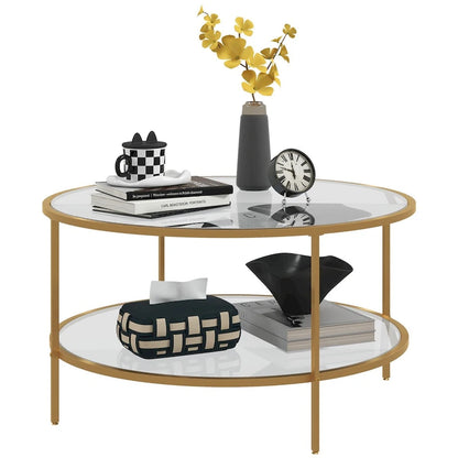 Tavolino laterale HOMCOM con contenitore, tavolino rotondo da 32 pollici, tavolino da caffè in vetro temperato a 2 livelli con struttura in acciaio