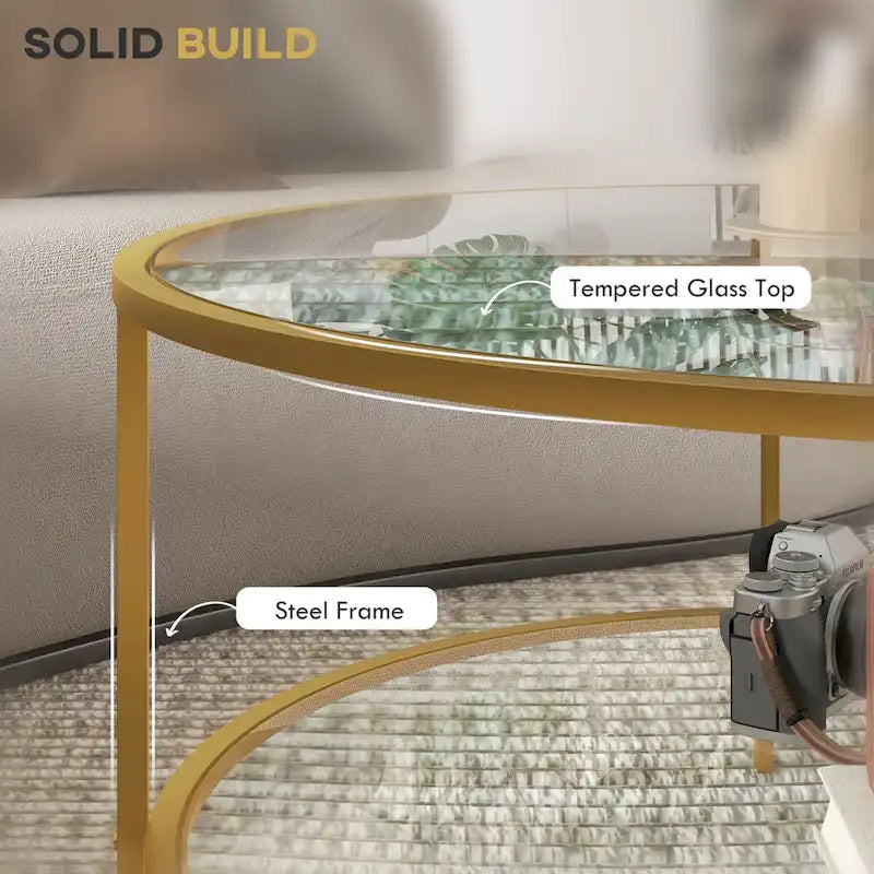 Tavolino laterale HOMCOM con contenitore, tavolino rotondo da 32 pollici, tavolino da caffè in vetro temperato a 2 livelli con struttura in acciaio