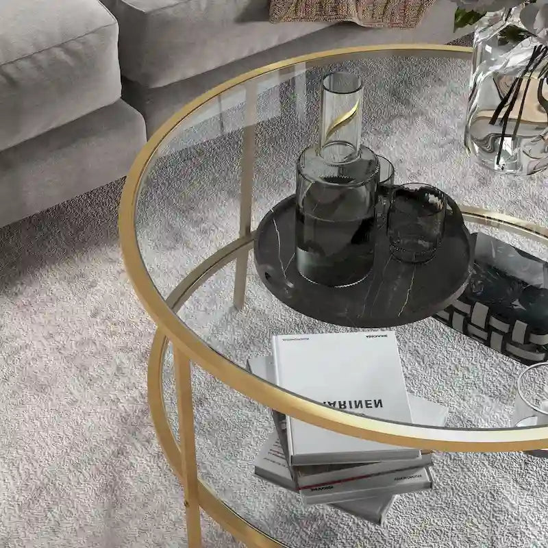 Tavolino laterale HOMCOM con contenitore, tavolino rotondo da 32 pollici, tavolino da caffè in vetro temperato a 2 livelli con struttura in acciaio