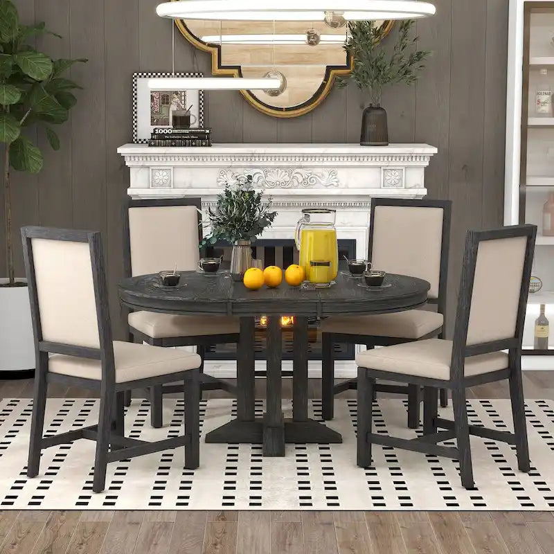 5-Piece Dining Set Extendable Round Table and 4 Upholstered Chairs Farmhouse Dining Set for Kitchen, Dining Room(Black)