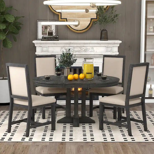 5-Piece Dining Set Extendable Round Table and 4 Upholstered Chairs Farmhouse Dining Set for Kitchen, Dining Room(Black)