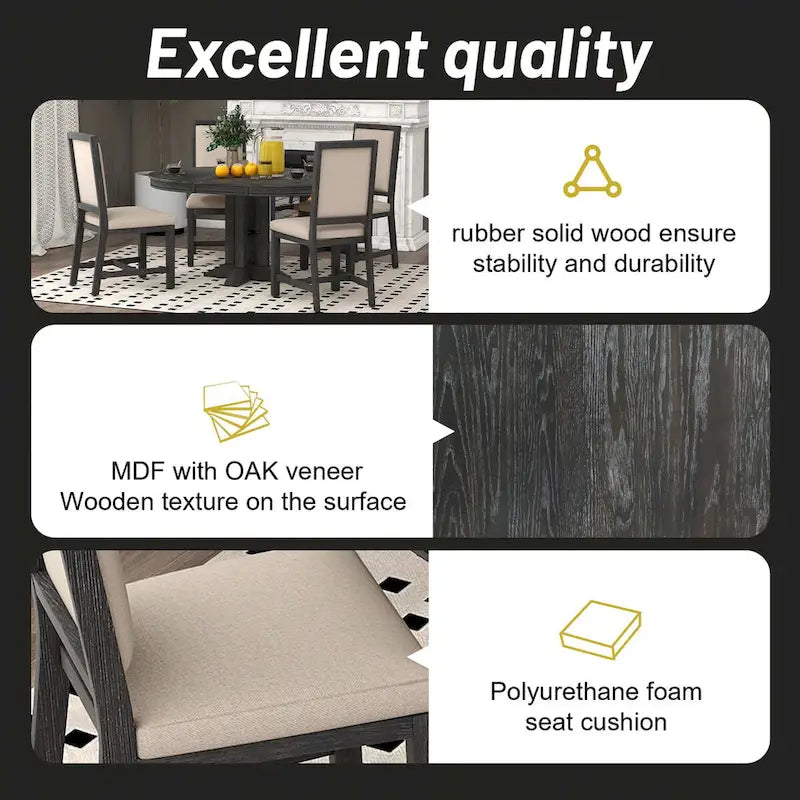 Set da pranzo da 5 pezzi con tavolo rotondo estensibile e 4 sedie imbottite, set da pranzo in stile rustico per cucina, sala da pranzo (nero)