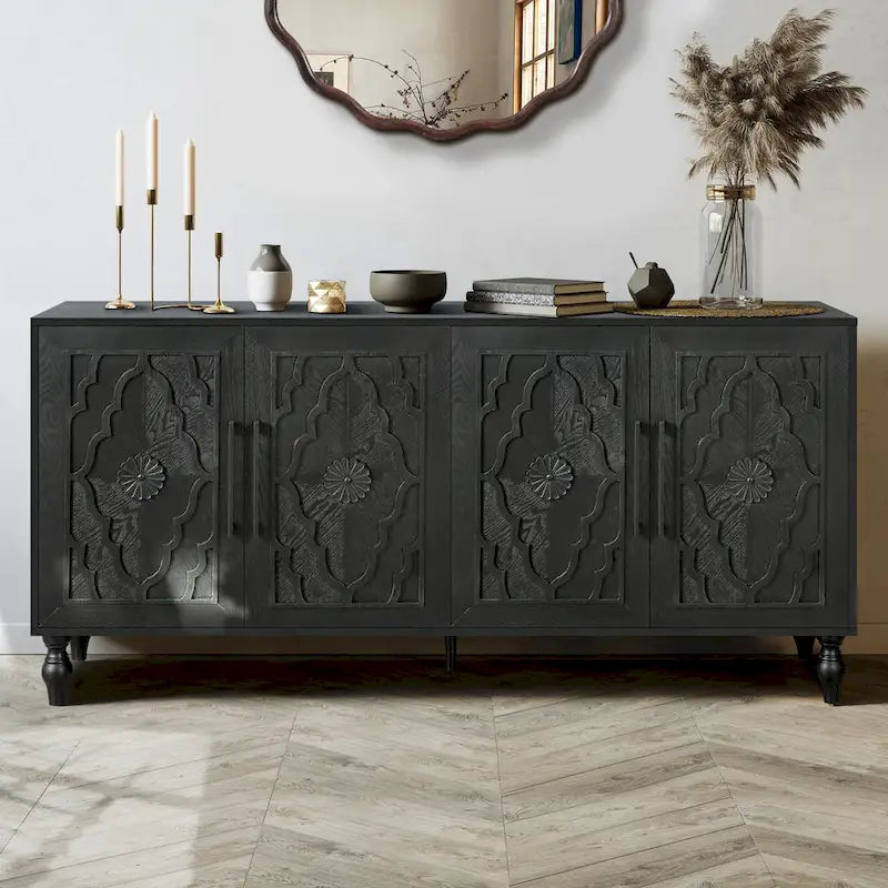 Credenza con porta a forma di fiore intagliato, grande, credenza e buffet