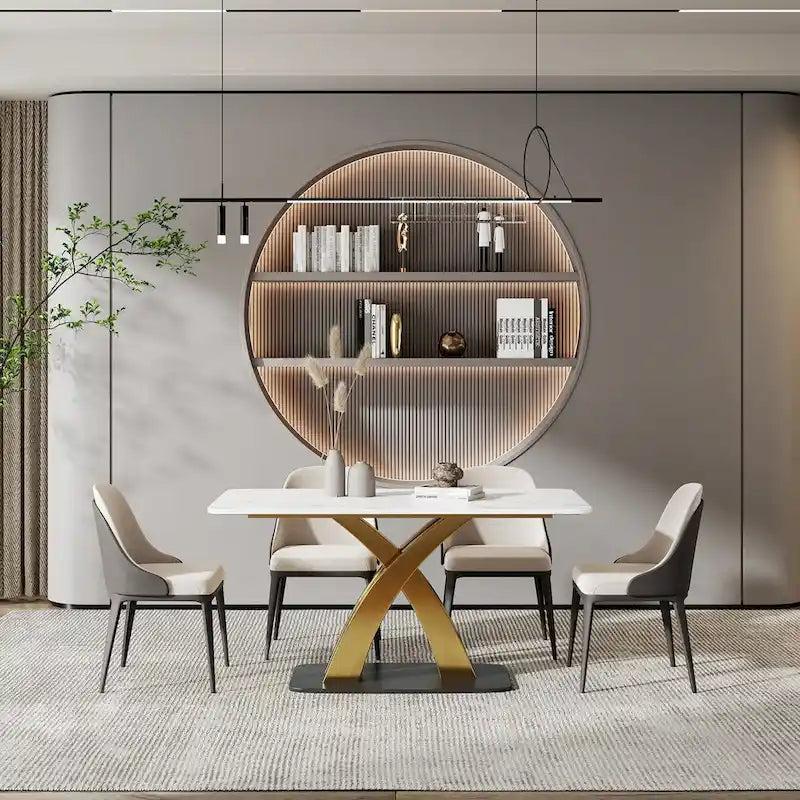 Modern White Rectangular Dining Table,Sintered Stone top,Gold X-Shaped