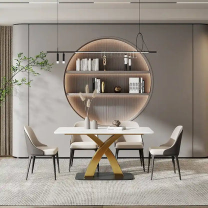Modern White Rectangular Dining Table,Sintered Stone top,Gold X-Shaped