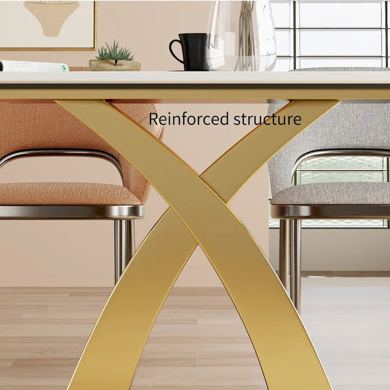 Tavolo da pranzo rettangolare bianco moderno, piano in pietra sinterizzata, forma a X dorata