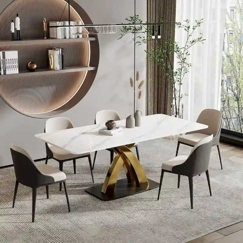Tavolo da pranzo rettangolare bianco moderno, piano in pietra sinterizzata, forma a X dorata