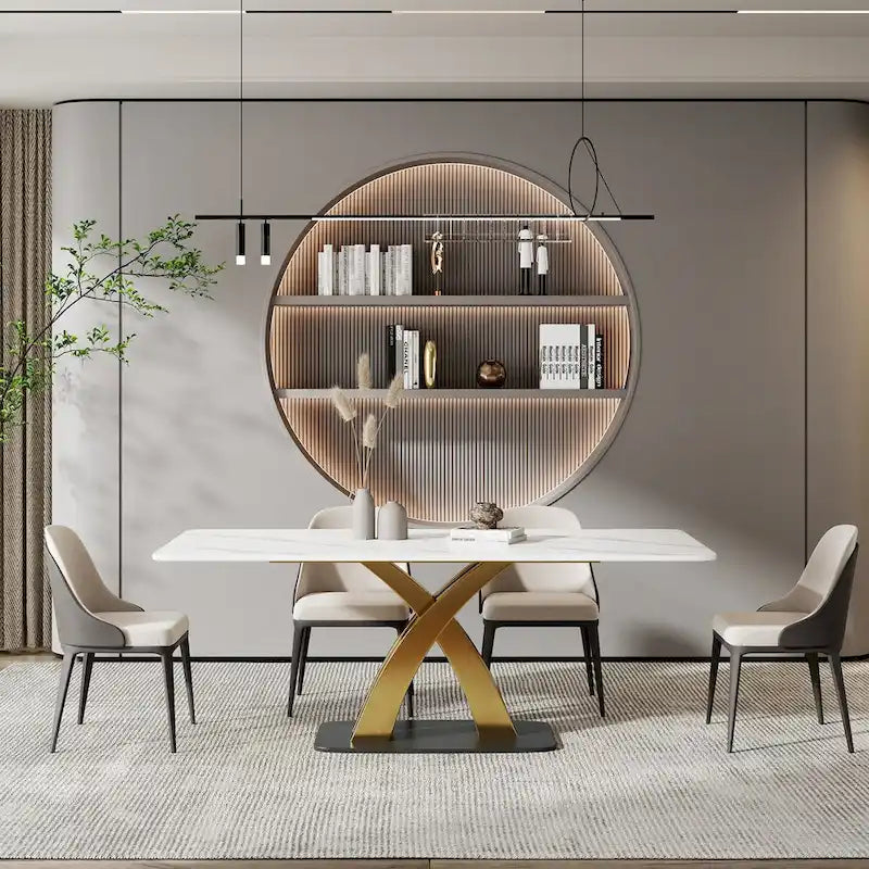 Tavolo da pranzo rettangolare bianco moderno, piano in pietra sinterizzata, forma a X dorata