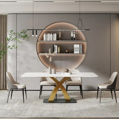 Tavolo da pranzo rettangolare bianco moderno, piano in pietra sinterizzata, forma a X dorata