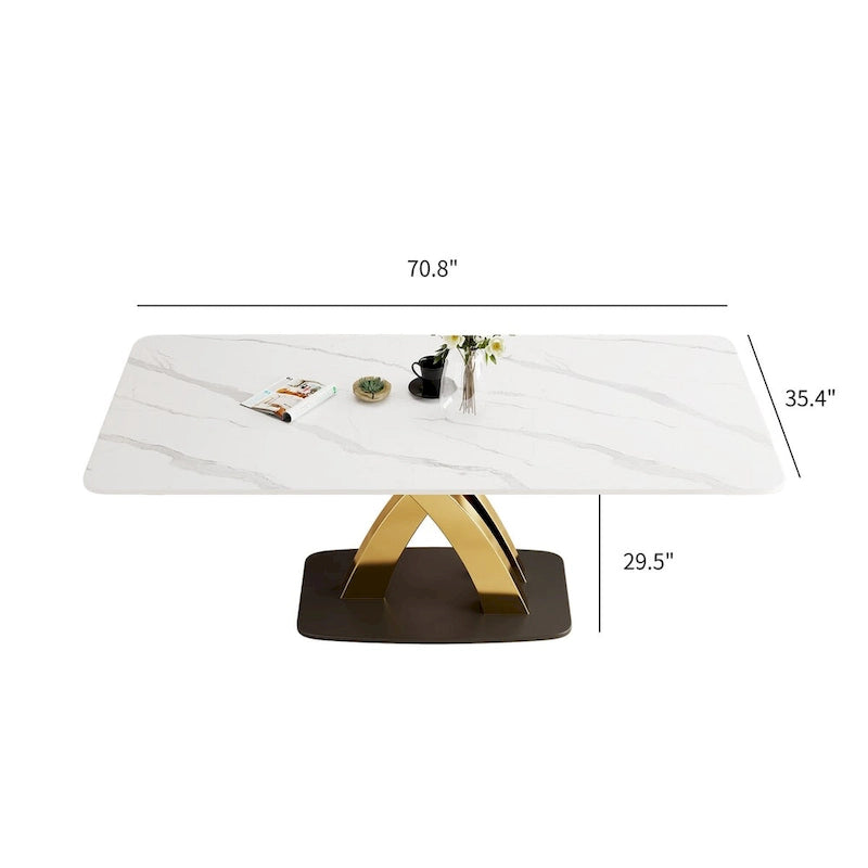 Tavolo da pranzo rettangolare bianco moderno, piano in pietra sinterizzata, forma a X dorata