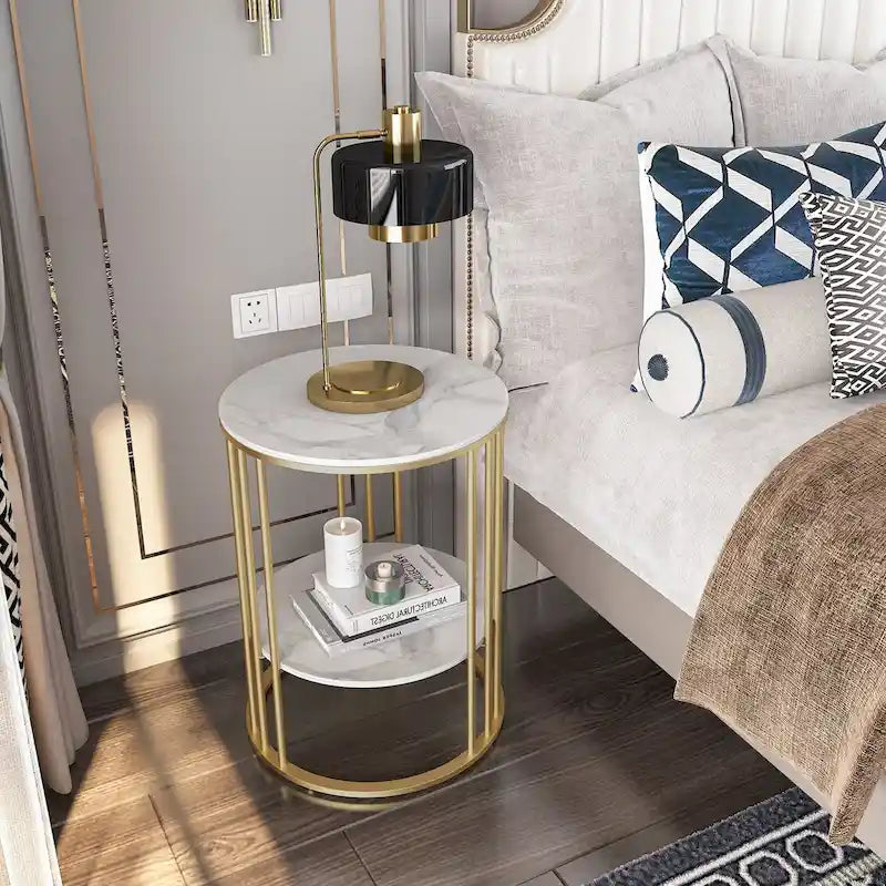 Tavolino laterale rotondo a 2 livelli con piano in pietra sinterizzata - 15,7x15,7x21,3 pollici