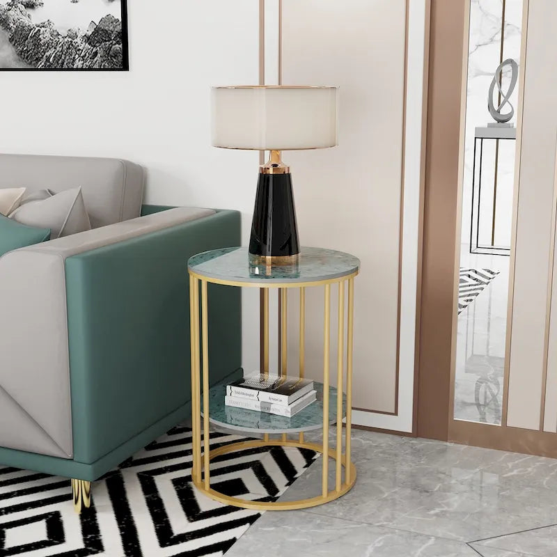 Tavolino laterale rotondo a 2 livelli con piano in pietra sinterizzata - 15,7x15,7x21,3 pollici