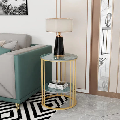 Tavolino laterale rotondo a 2 livelli con piano in pietra sinterizzata - 15,7x15,7x21,3 pollici