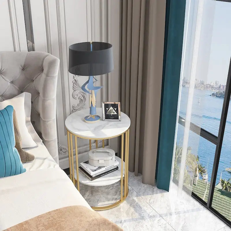 Tavolino laterale rotondo a 2 livelli con piano in pietra sinterizzata - 15,7x15,7x21,3 pollici