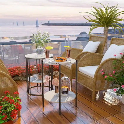 Tavolino laterale rotondo a 2 livelli con piano in pietra sinterizzata - 15,7x15,7x21,3 pollici