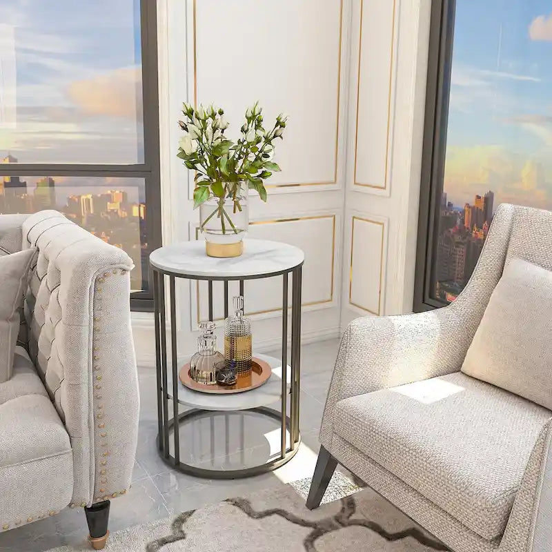 Tavolino laterale rotondo a 2 livelli con piano in pietra sinterizzata - 15,7x15,7x21,3 pollici