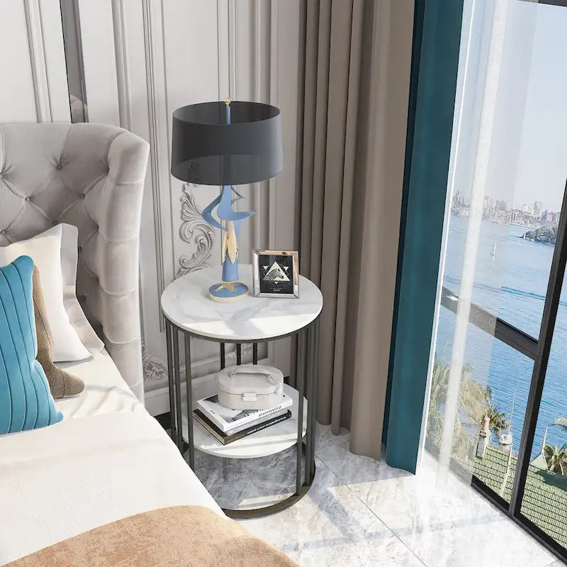 Tavolino laterale rotondo a 2 livelli con piano in pietra sinterizzata - 15,7x15,7x21,3 pollici