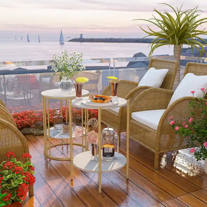 Tavolino laterale rotondo a 2 livelli con piano in pietra sinterizzata - 15,7x15,7x21,3 pollici