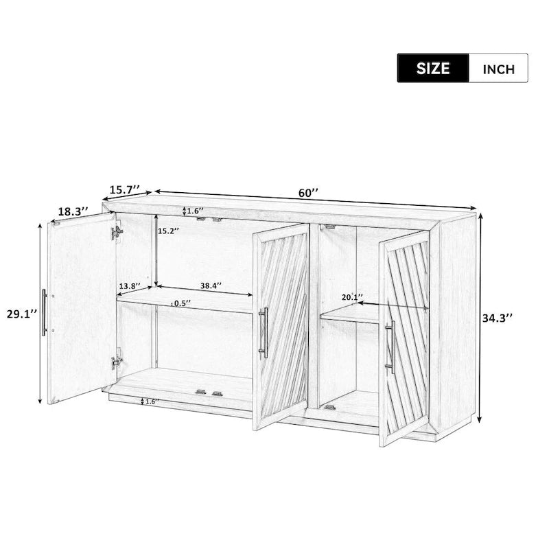 Credenza retrò grande a 3 ante con ripiani regolabili e maniglie nere