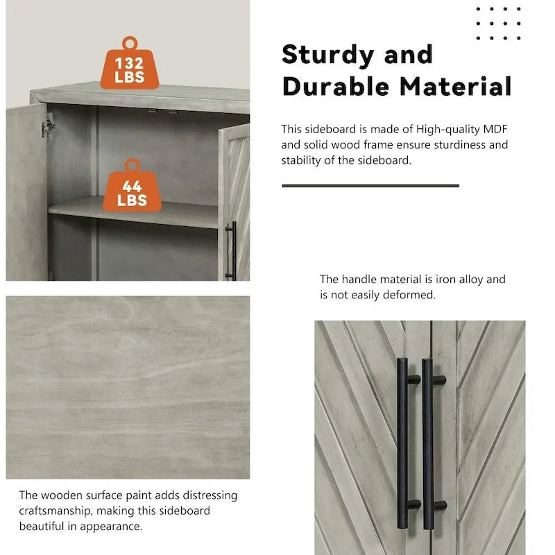 Credenza retrò grande a 3 ante con ripiani regolabili e maniglie nere