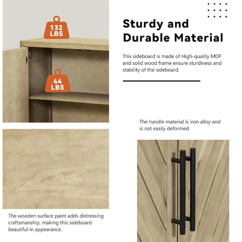 Credenza retrò grande a 3 ante con ripiani regolabili e maniglie nere