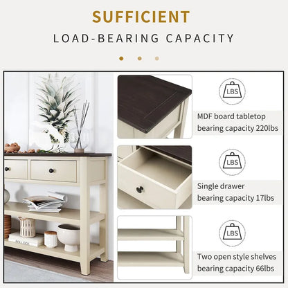 Tavolo consolle in legno massello di pino con due ripiani aperti