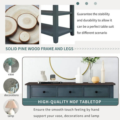 Tavolo consolle in legno massello di pino con due ripiani aperti