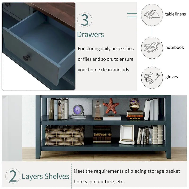 Tavolo consolle in legno massello di pino con due ripiani aperti