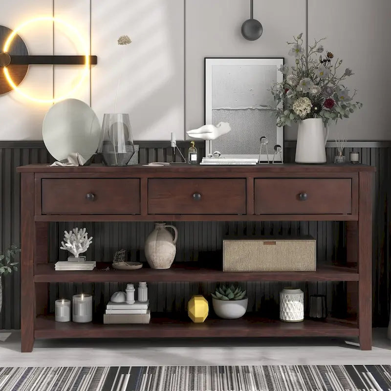 Tavolo consolle in legno massello di pino con due ripiani aperti