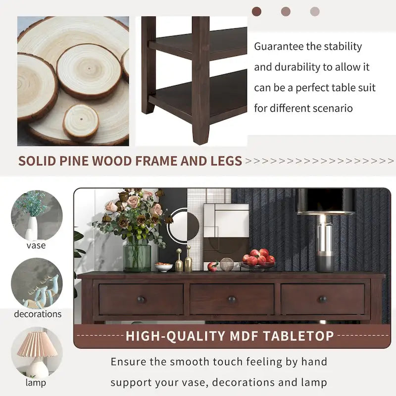 Tavolo consolle in legno massello di pino con due ripiani aperti