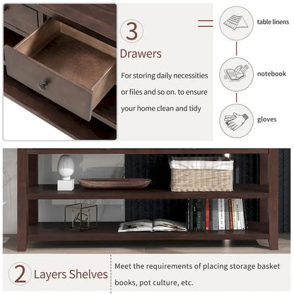 Tavolo consolle in legno massello di pino con due ripiani aperti