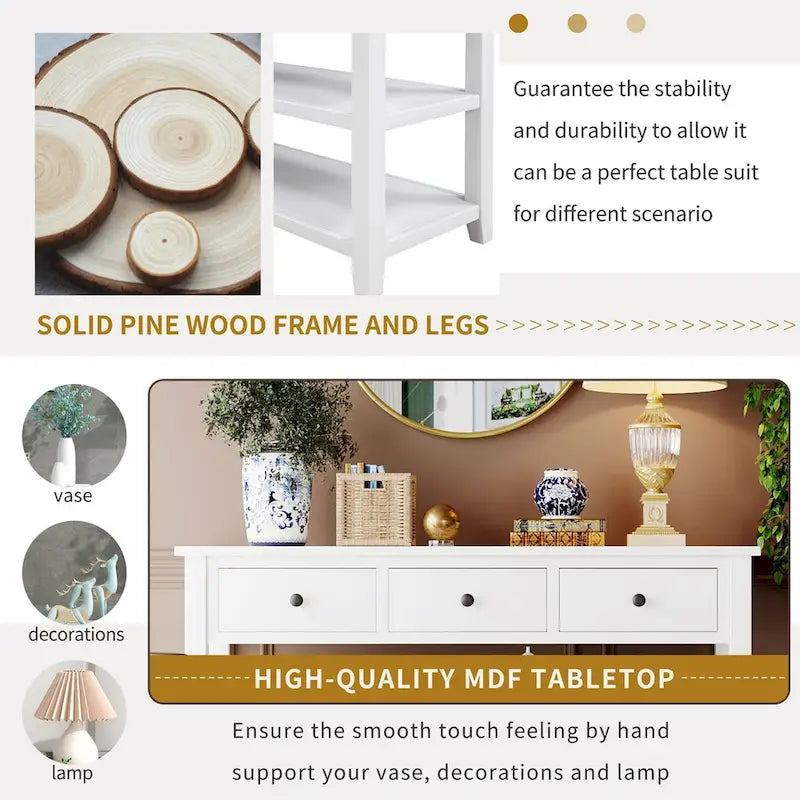 Tavolo consolle in legno massello di pino con due ripiani aperti