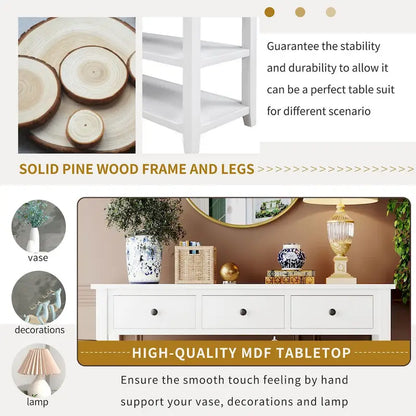 Tavolo consolle in legno massello di pino con due ripiani aperti