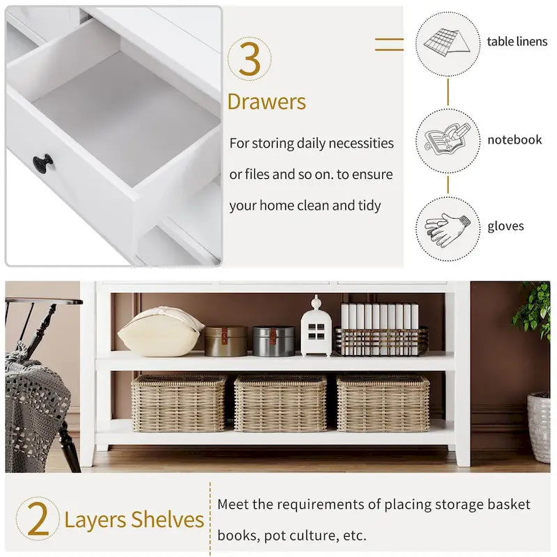 Tavolo consolle in legno massello di pino con due ripiani aperti