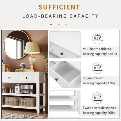 Tavolo consolle in legno massello di pino con due ripiani aperti