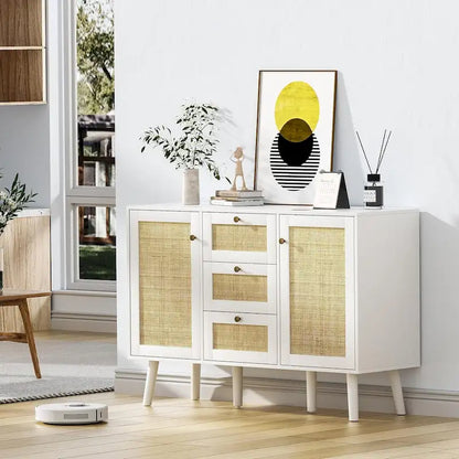 Anmytek Mid-Century Modern 47.2   W 2-Door White Buffet/Sideboard Rattan Storage Accent Cabinet with Drawers