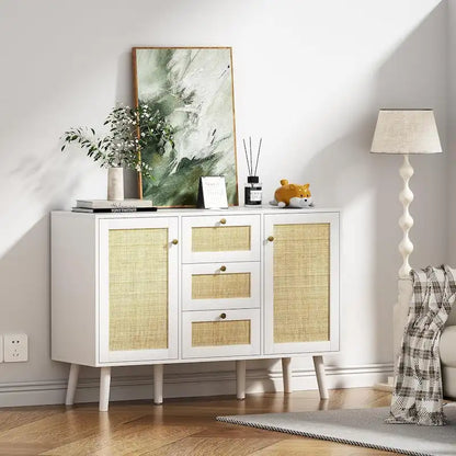 Credenza/credenza Anmytek Mid-Century Modern bianca da 47,2 W con 2 ante e cassetti in rattan