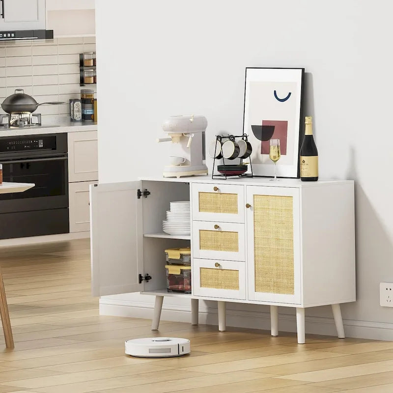 Credenza/credenza Anmytek Mid-Century Modern bianca da 47,2 W con 2 ante e cassetti in rattan