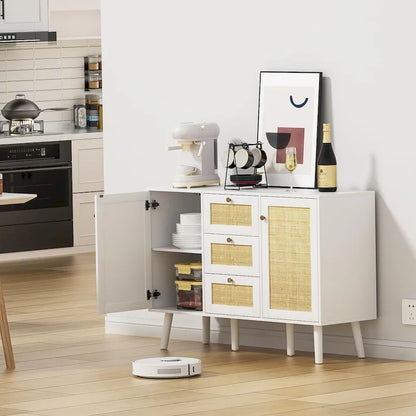 Credenza/credenza Anmytek Mid-Century Modern bianca da 47,2 W con 2 ante e cassetti in rattan