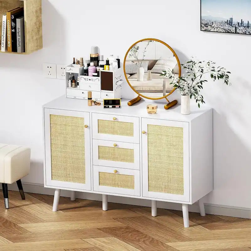 Credenza/credenza Anmytek Mid-Century Modern bianca da 47,2 W con 2 ante e cassetti in rattan