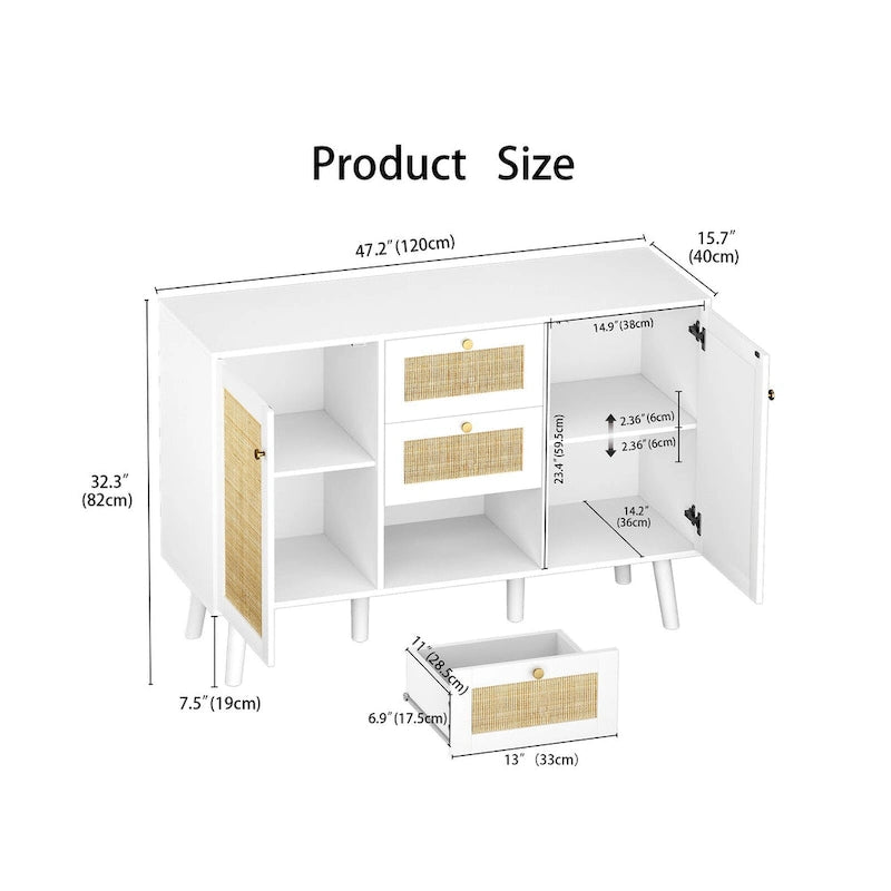 Credenza/credenza Anmytek Mid-Century Modern bianca da 47,2 W con 2 ante e cassetti in rattan