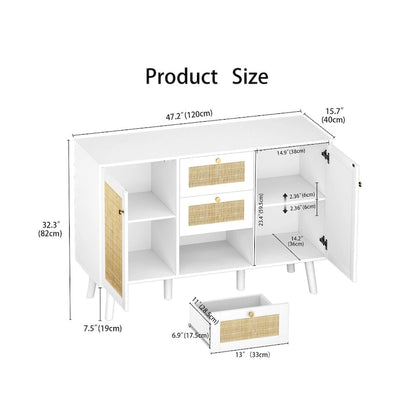 Credenza/credenza Anmytek Mid-Century Modern bianca da 47,2 W con 2 ante e cassetti in rattan