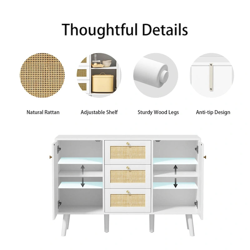 Credenza/credenza Anmytek Mid-Century Modern bianca da 47,2 W con 2 ante e cassetti in rattan