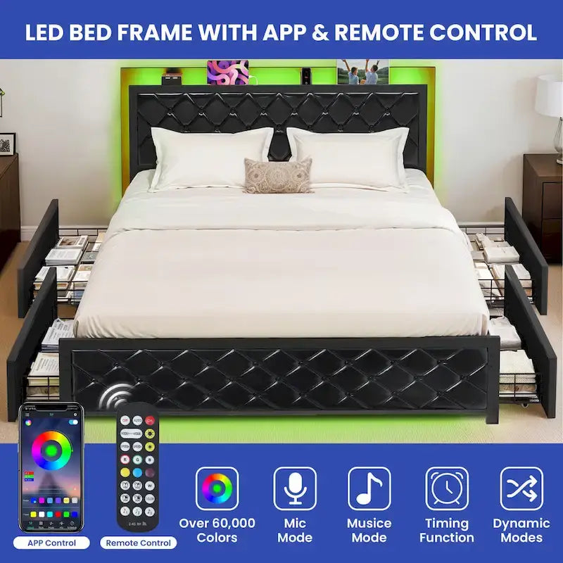 Moasis Queen Size PU Bed Frame LED Imbottito Letto a Piattaforma