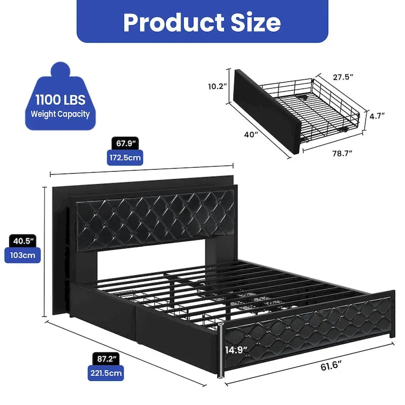 Moasis Queen Size PU Bed Frame LED Imbottito Letto a Piattaforma