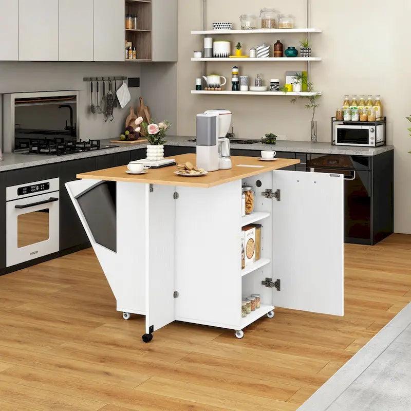 Isola da cucina pieghevole con mobiletto portaoggetti per la spazzatura