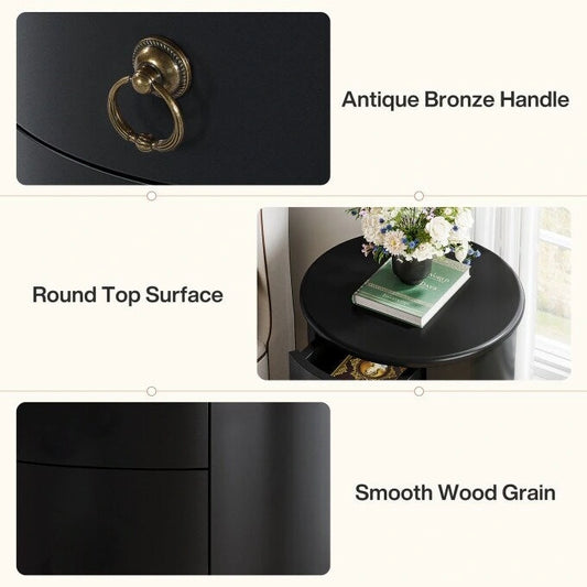 Solid Wood Bedside Table, Round Nightstand with 4 Drawers