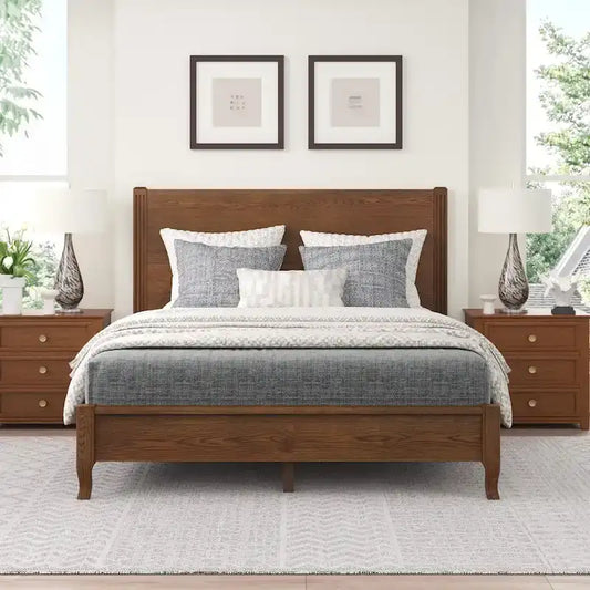 LUE BONA Solid Wood Panel Platform Bed with Headboard, Double Size Beds Wooden Rustic Bed Frame Bedroom Furniture