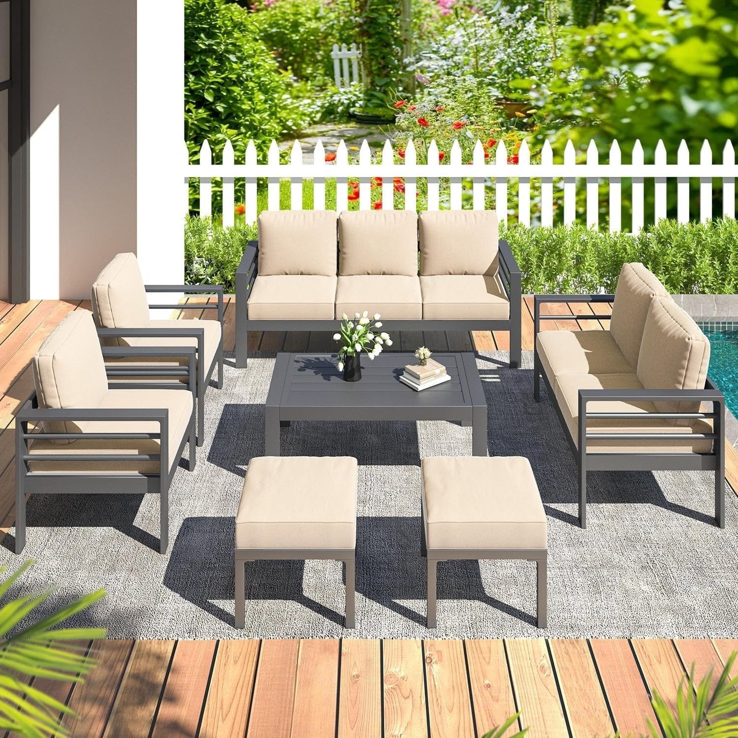 AECOJOY Set di mobili da giardino in alluminio da 7 pezzi, set da conversazione all'aperto