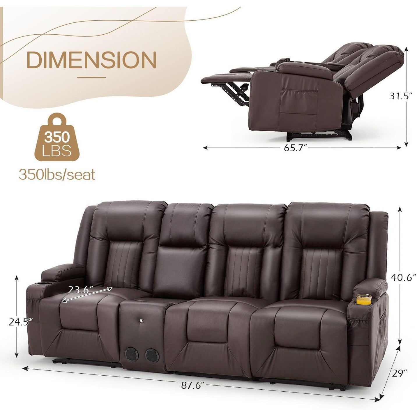 Divano reclinabile AECOJOY manuale per camper, divano reclinabile in PU per home theater con console